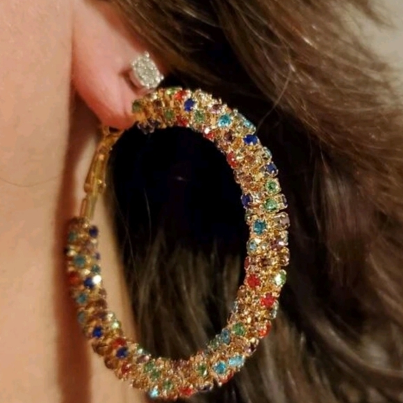 Colorful Rhinestone Hoop Earrings - Picture 6 of 7